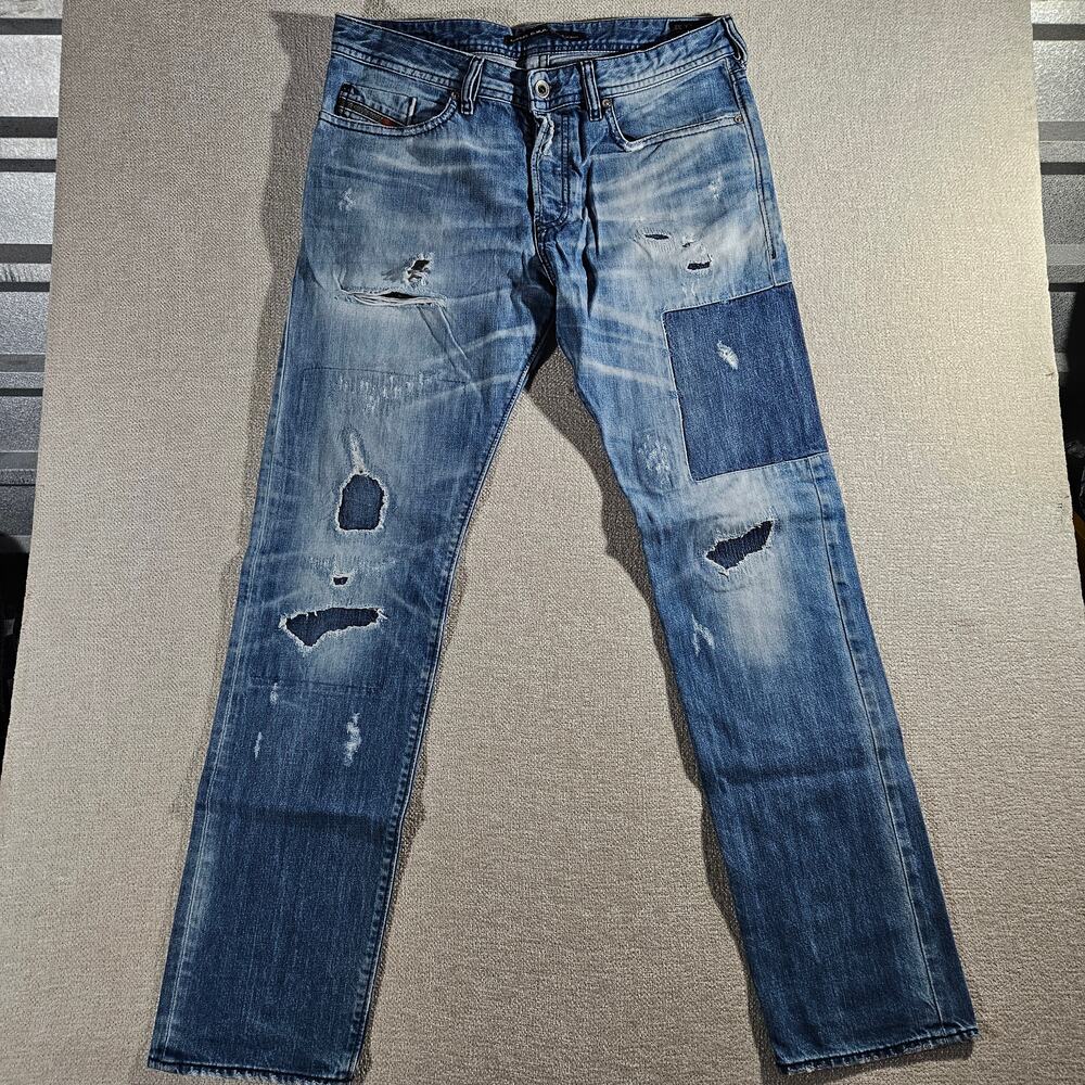 Diesel Patchwork Distressed Jeans Mens 32x32 Blue Denim Designer Italy